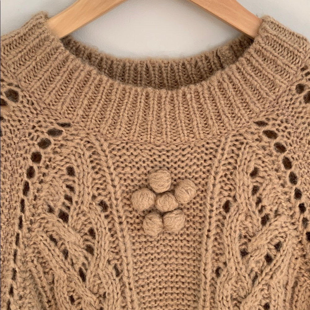 J. Crew Cable Knit Pointelle Sweater With Popcorn Flowers Large Tan Fisherman - Picture 3 of 11